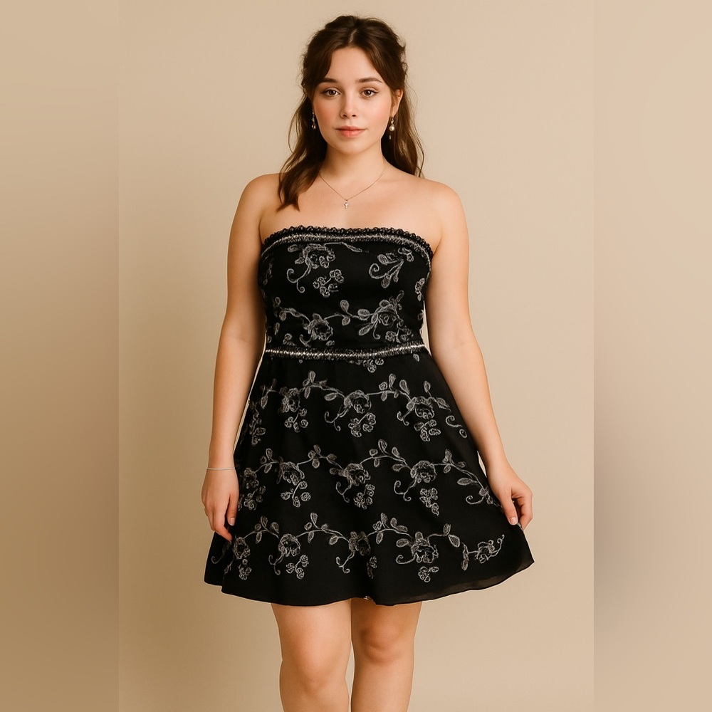 Vintage Necessary Objects Dress Tube Top Pinup Goth Y2K Embroidered Midi Sz M US